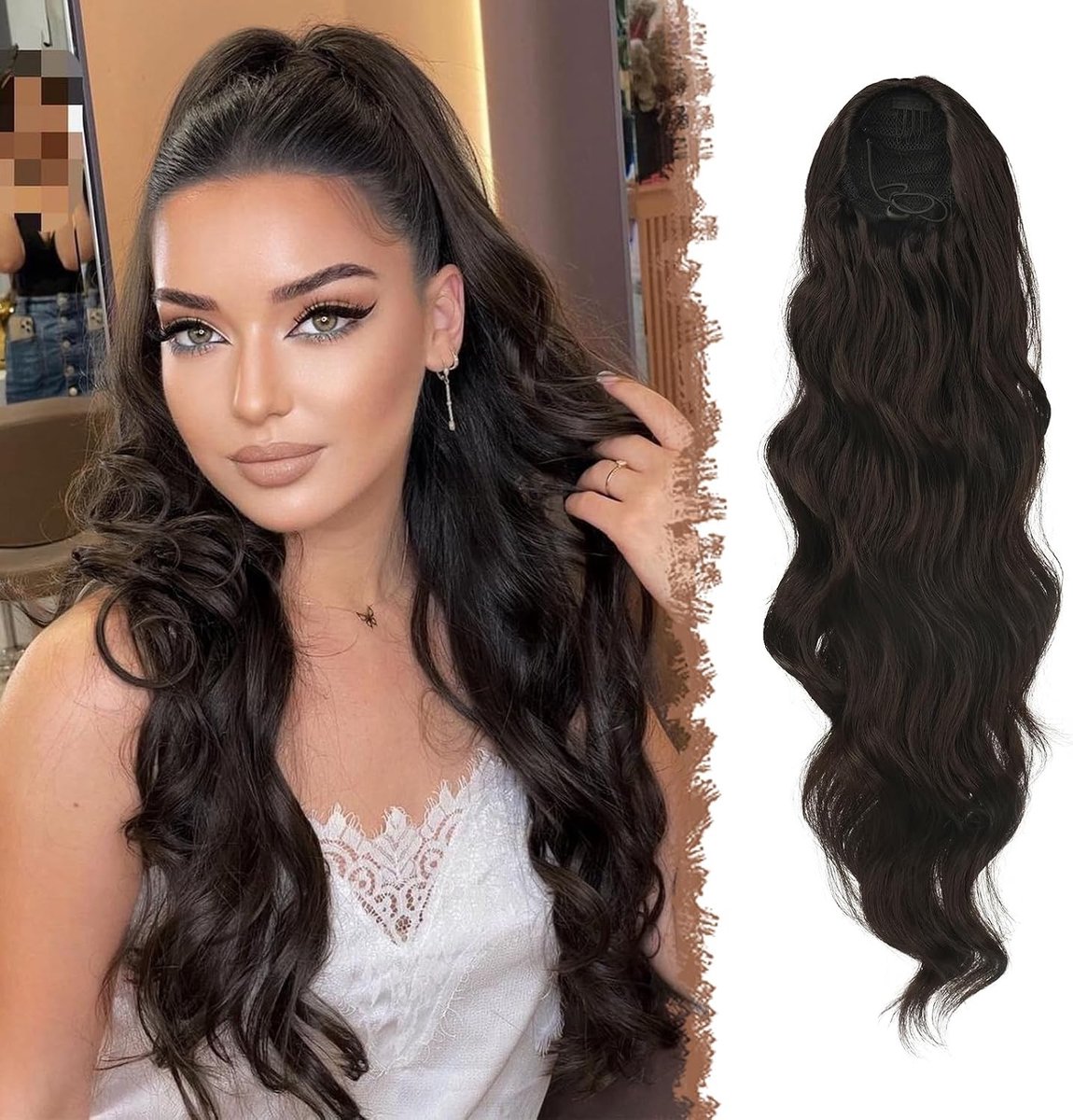 Ponytail Hairpiece met Touwtje - Lange Golvende Synthetische Haarextensions voor Vrouwen in Zeer Donkerbruin, 60 cm, Perfect voor een Stylish Look en Gemakkelijke Styling