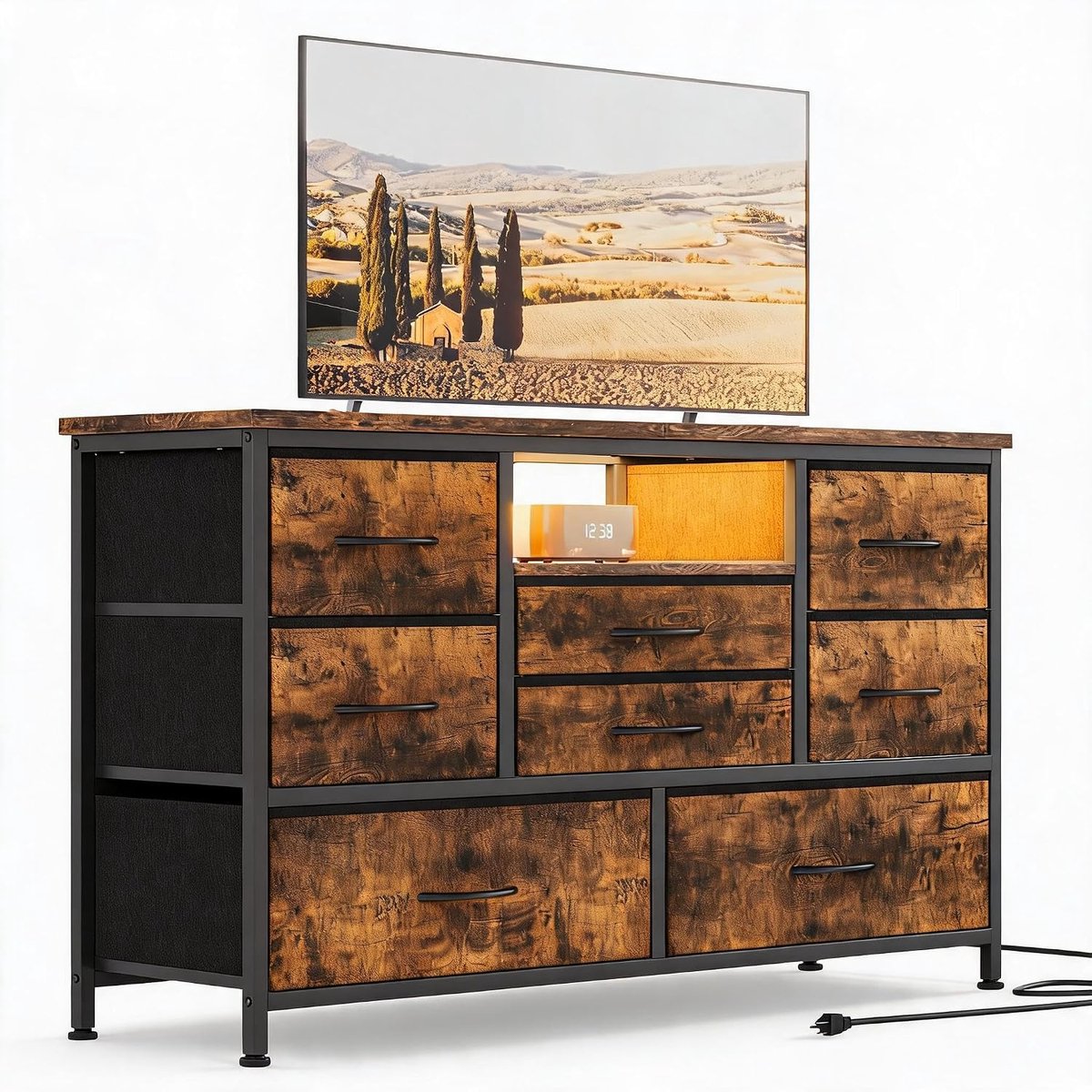 Ladekast met 8 Lades - TV-Meubel voor 32-55 inch - Dressoir met LED-verlichting & Stopcontacten - USB-Oplaadstation - 120 x 36 x 75 cm - Modern Design
