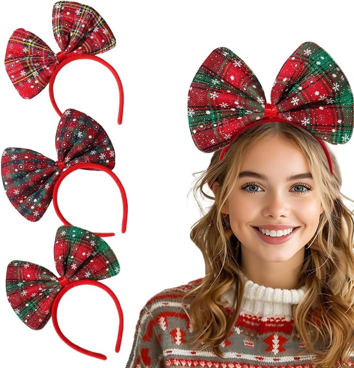 Set van 3 feestelijke haarbanden met strik voor Kerst en Nieuwjaar - Cosplay kostuum accessoires voor kinderen en vrouwen