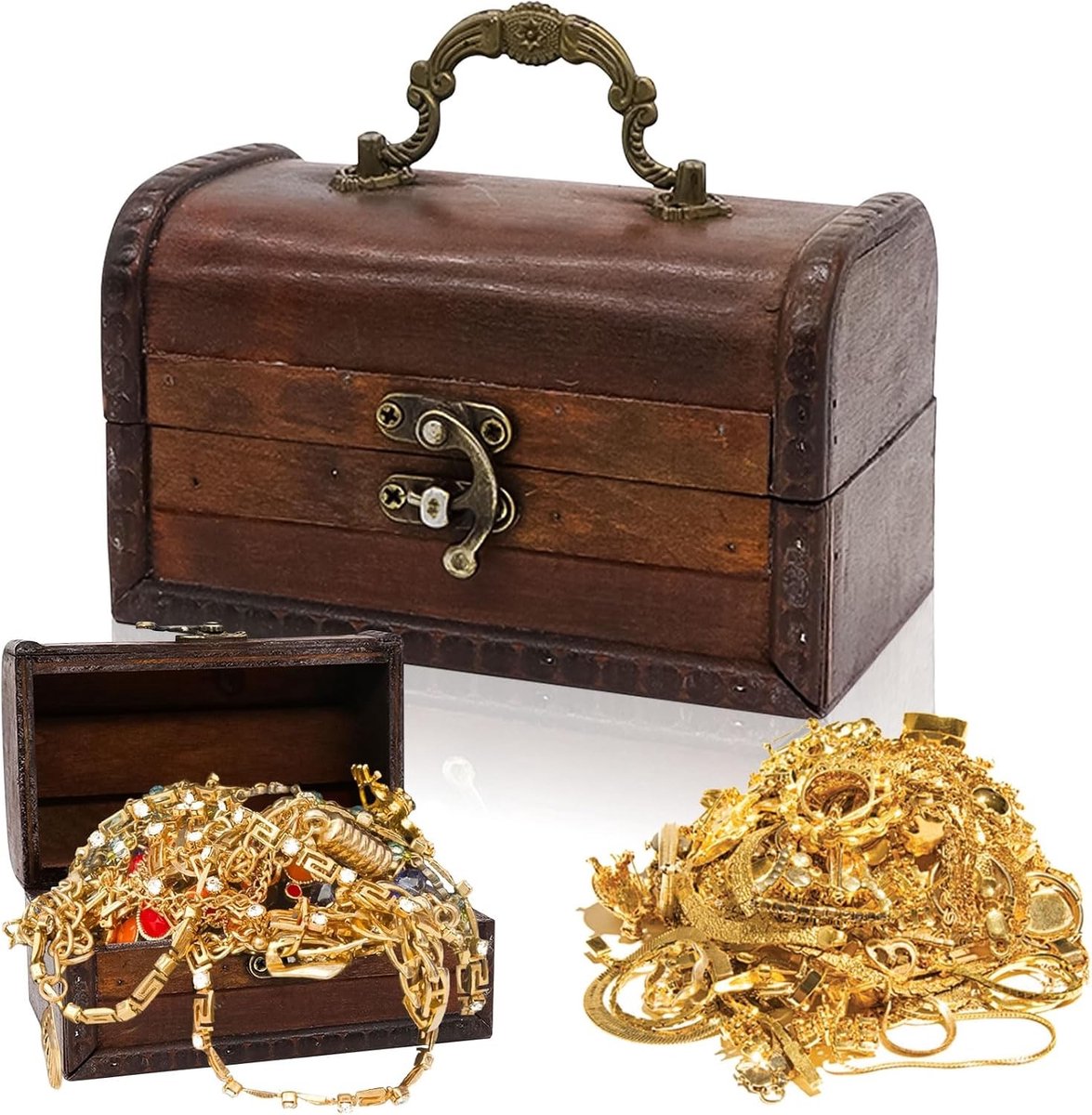 Vintage Houten Schatkist voor Kinderen - Piratenbox voor Verjaardagsgeschenken en Opslag - 14 x 8,5 x 8,5 cm in Roodbruin
