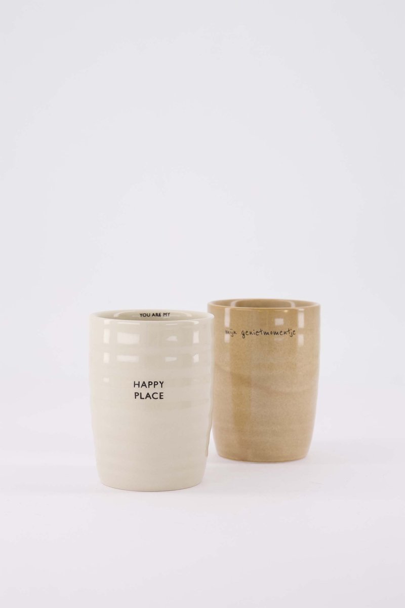 Zusss Set Van 2 Koffiemokken Happy Place & Mijn Genietmomentje - Keramieken Mokken - Sand - 225Ml Keramiek Zand