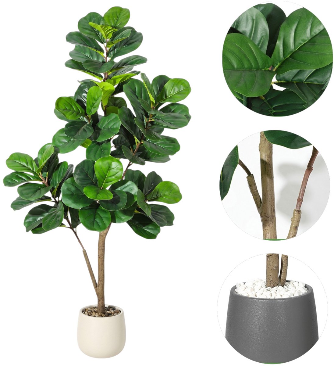 Danky Kunstmatige vioolbladvijg (Ficus lyrata) - Kamerplant - Inclusief pot en decoratieve steen - Eenvoudig te monteren - 48 bladeren - 150 cm Bruin