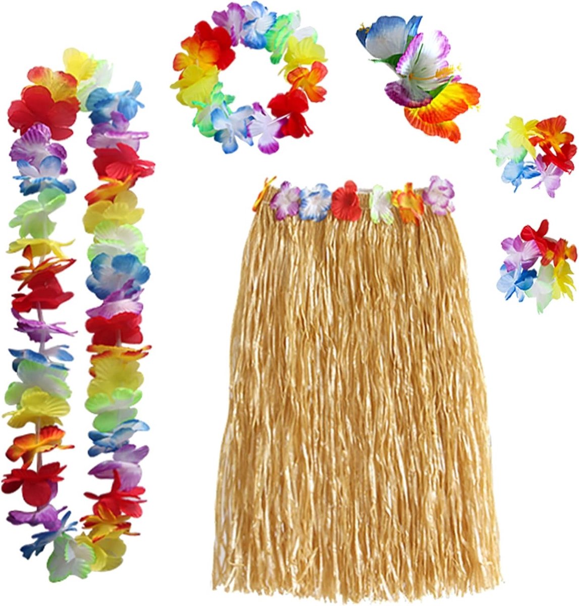 Hawaiiaanse Kostuumset voor Vrouwen met 6-delige Grasrok, Leis, Hibiscus Haarclip voor Zomerse Strandfeesten en Tropische Decoratie