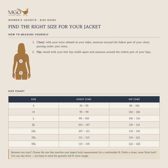 Maattabel voor damesjassen van MGO Leisure Wear met borst- en heupmaten in centimeters.