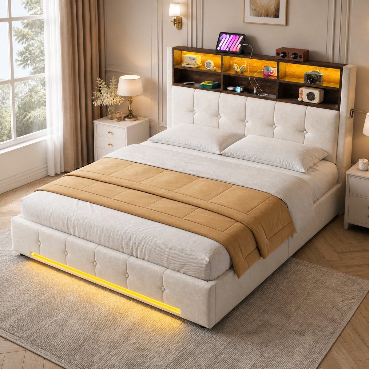 Bed – 160 x 200 cm – Met Opbergruimte, Usb-c En Led – Metaal En Stof – Beige – Tweepersoons Bed