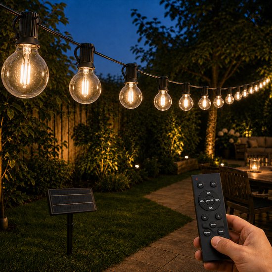 Lichtsnoer met 30 grote, ronde, warmwitte LED-lampen aan een zwarte kabel, verlicht in een tuin bij schemering. Een zonnepaneel en afstandsbediening (met 25%, 50%, 75%, 100% aan/uit, 3H, 5H, adem, verlichting, flits) liggen op het gras.