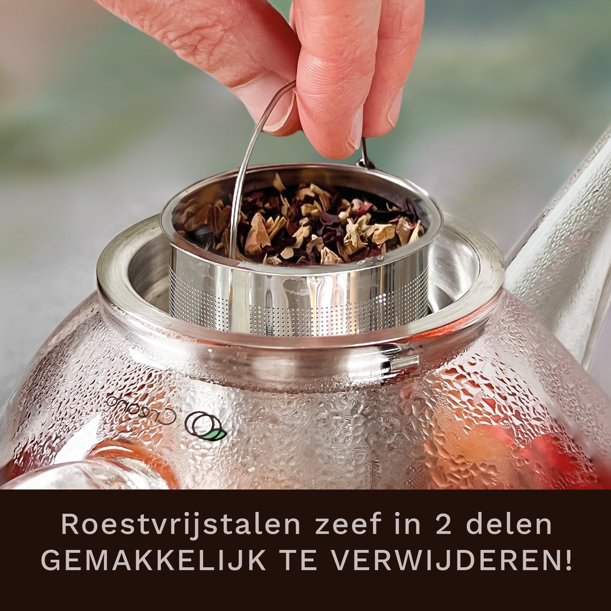 Creano glazen theepot 1,6l met rvs filter en zwart theelicht "Leaf" — cadeau in Koken & Dineren - foto 4