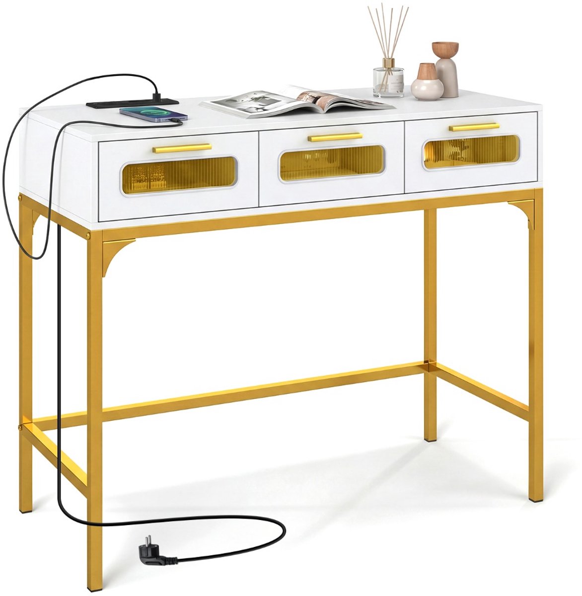 SureDeal® - Consoletafel - Haltafel - Ledverlichting - Oplaadstation Smalle Salontafel - Stopcontacten USB poorten - Lades - 90x40x75 cm - Wit