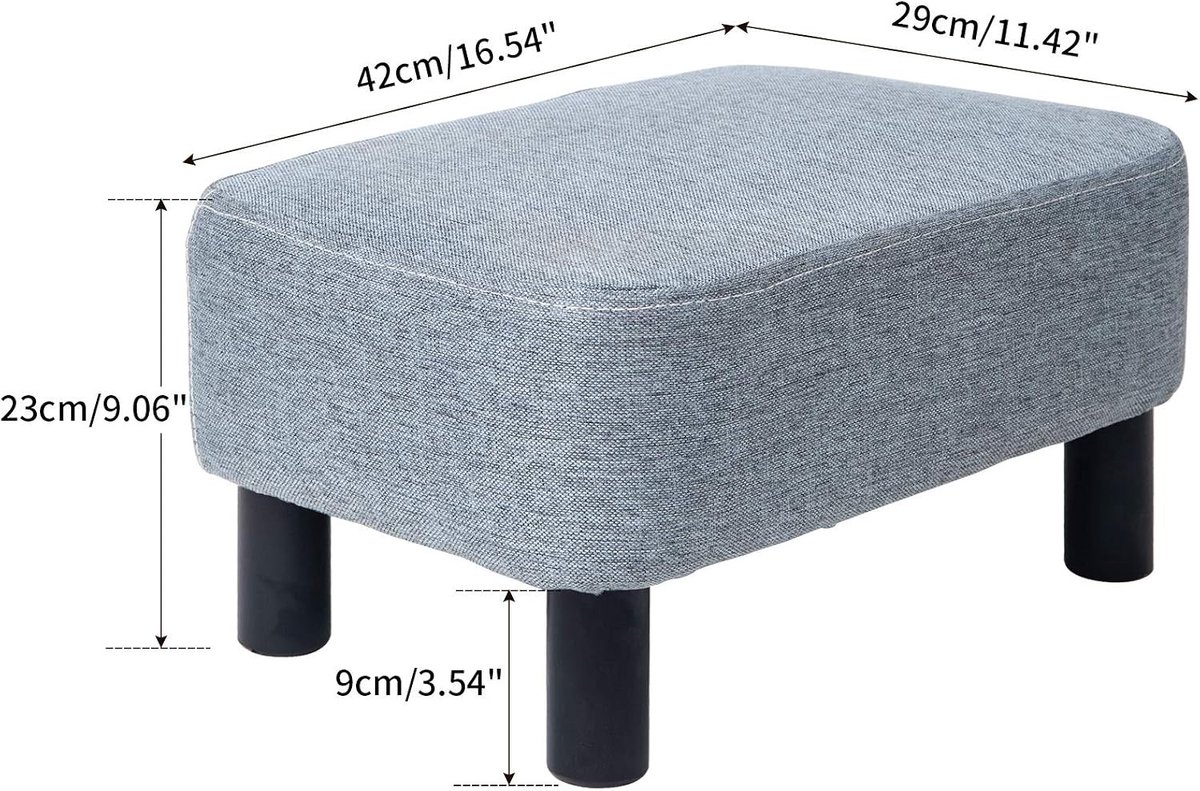 Kleine Voetenbank van Linnen, Rectangulaire Poef met Gevoerde Zitting en Houten Poten, Ideaal als Schoenwisselkruk voor Woonkamer en Slaapkamer, Lichtgrijs en Comfortabel