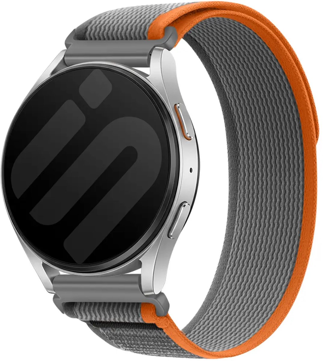 Strap-it Nylon Trail bandje geschikt voor Samsung Galaxy Watch 7 (40/44mm) / Galaxy Watch 6 (Classic) / Galaxy Watch 5 (Pro) / Galaxy Watch 4 / Watch 3 / Watch FE / Polar Ignite 3-2 / Pacer / Unite / Huawei GT3 - GT2 (Grijs/Oranje)