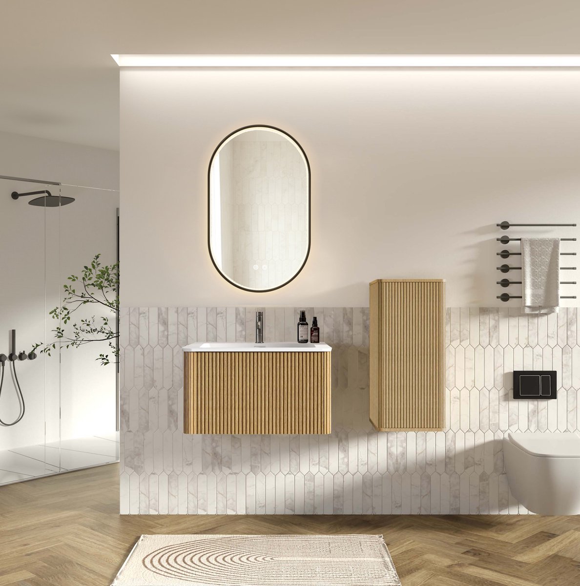 Badkamermeubelset Met Wastafel En Led Spiegel - Wandhangend Met Zijkast Voor Kleine Badkamers - Eiken - 81 Cm