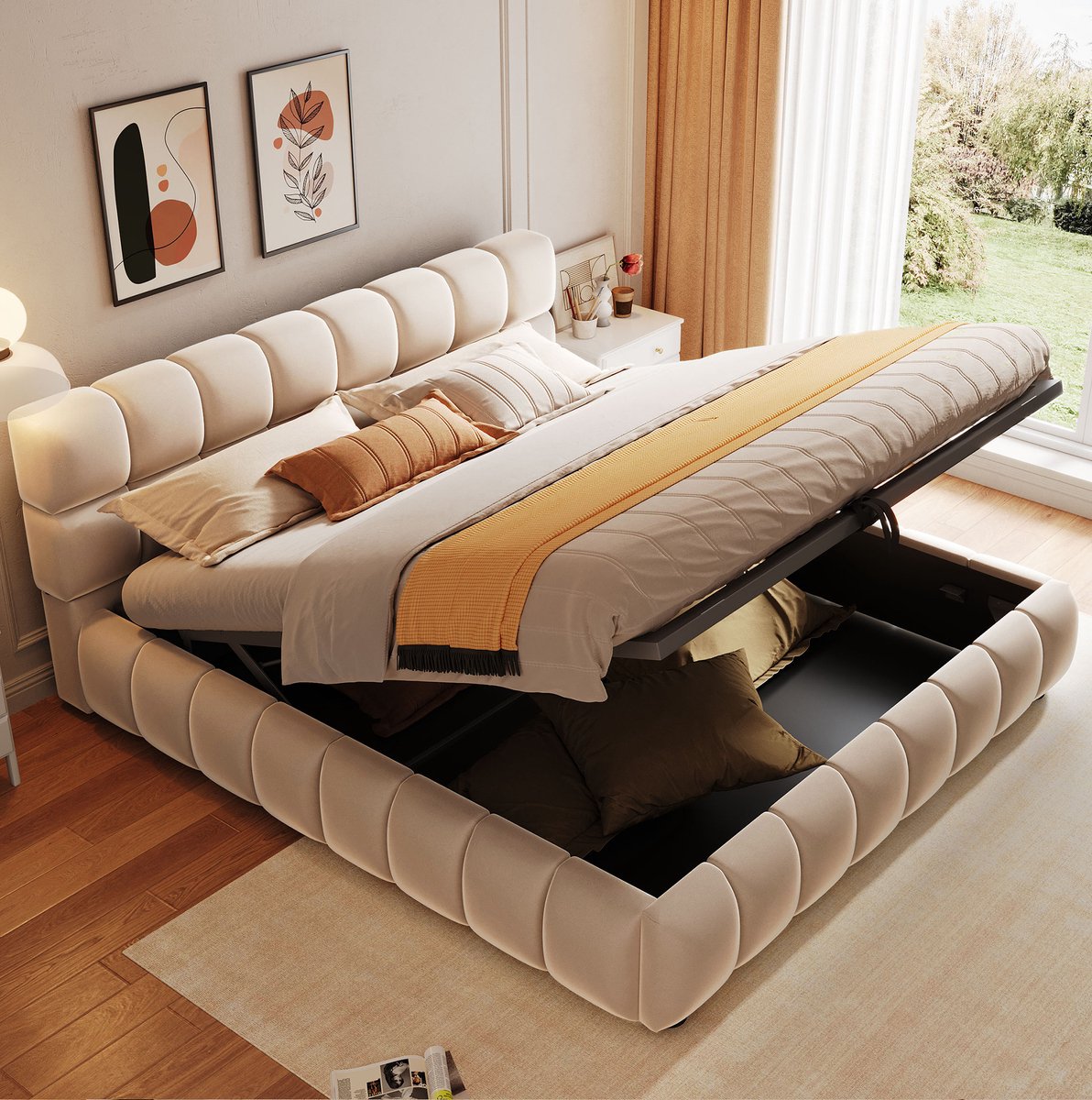 Wishdor Tweepersoonsbed 140x200 cm - Gestoffeerd hoofdbord - Hydraulische opbergruimte - Ingelegde matrassteun - Modern - Slaapkamer logeerkamer - Stof MDF - Beige
