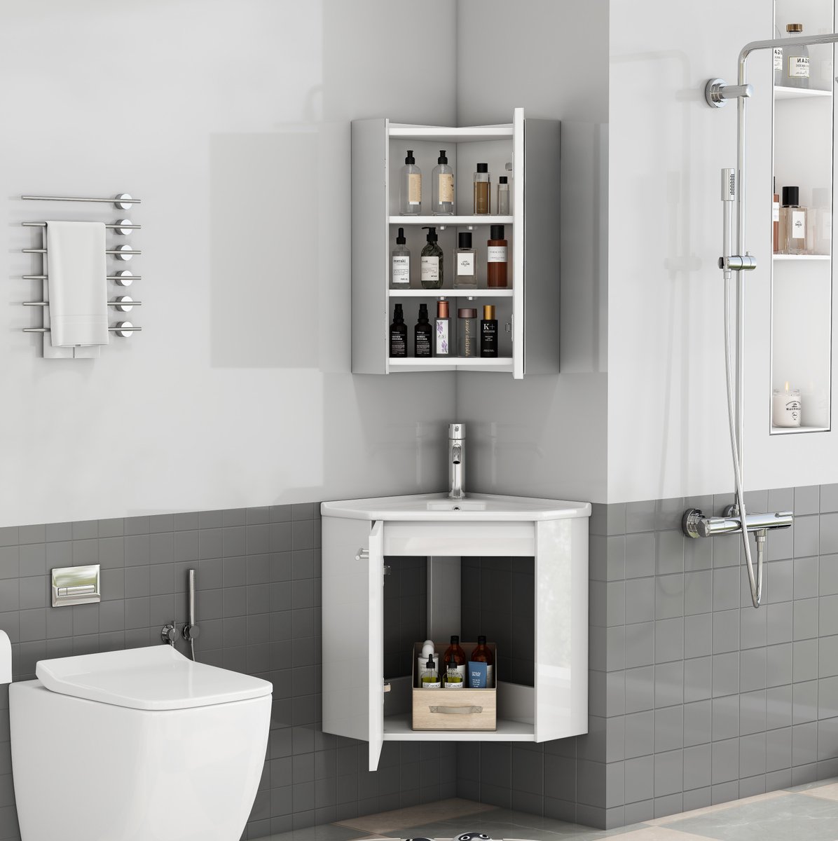 OKWISH Badkamermeubel Set - Hoekmodel met Spiegelkast - Wandmontage voor Kleine Badkamers - Glossy White MDF Keramiek - 41,5x41,5x50 cm
