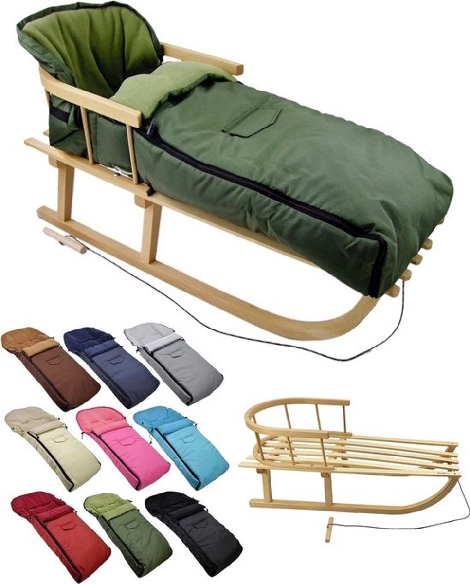 Houten slee 90cm met rugleuning inclusief warm wintervoetenzak