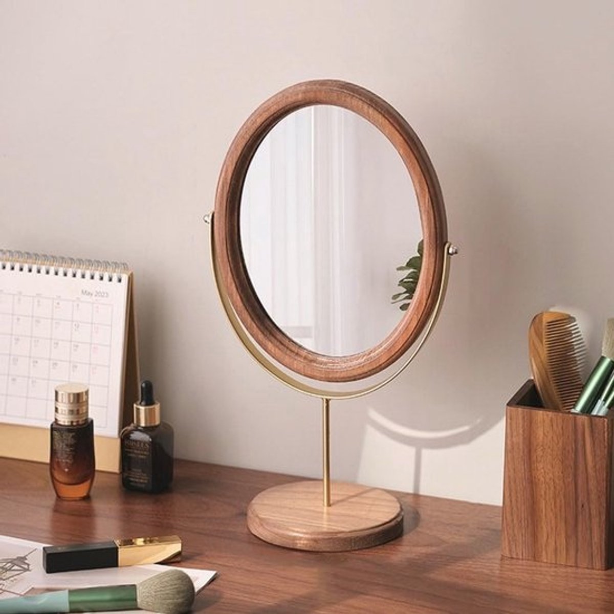 Houten make-upspiegel met standaard en ronde basis - vrijstaande tafelspiegel