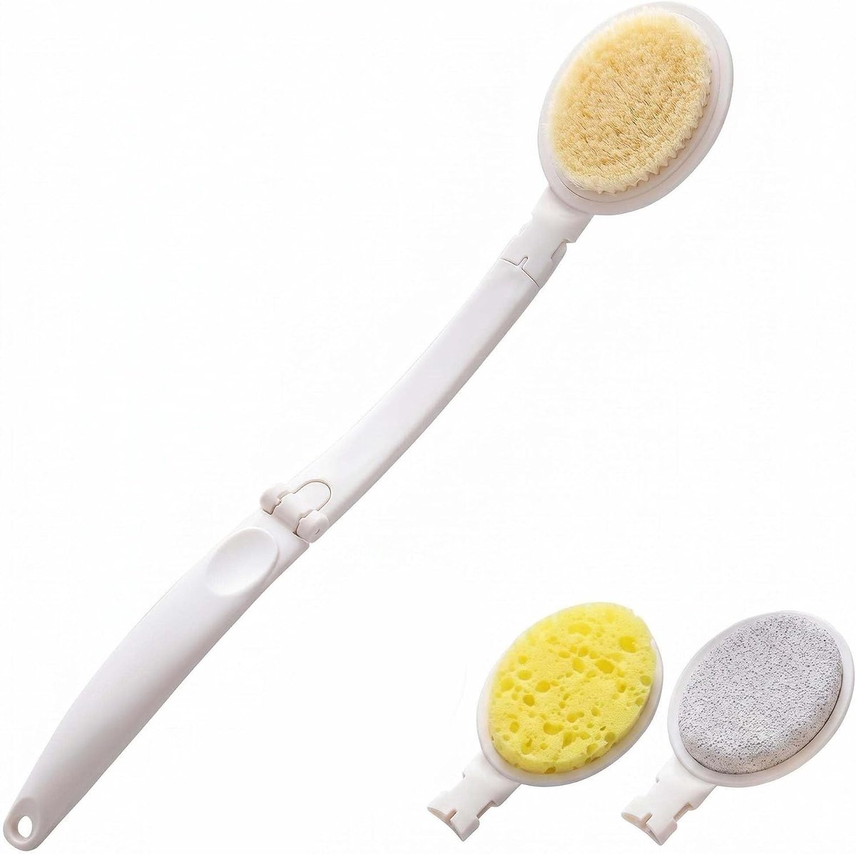 Rugborstel met lange steel en verwisselbare koppen voor een effectieve douchebeurt, ideaal voor peeling en lotionapplicatie, 48 x 8 cm