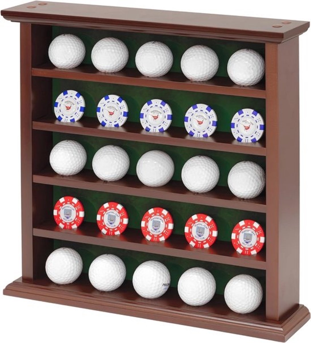 Houten Vitrine Rack voor 25 Golfballen met Groene Fluwelen Achtergrond