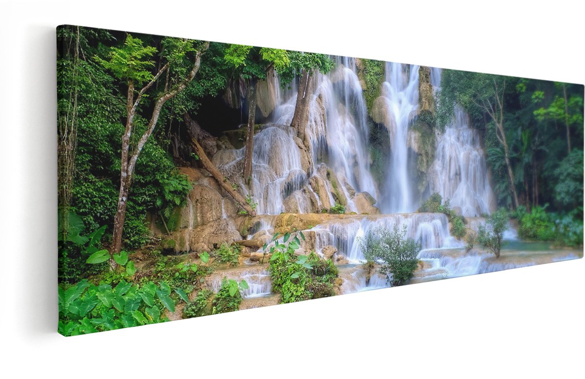 Artaza Canvas Schilderij Waterval In Het Tropische Natuur - 150x50 cm - Groot - Wanddecoratie Woonkamer - Schilderijen - Muurdecoratie