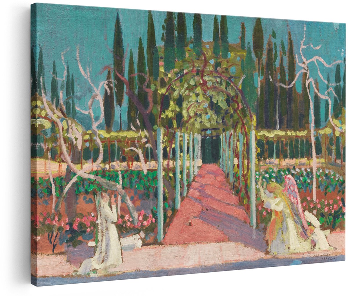 Artaza Canvas Schilderij Tuin Met Engelen - 150x100 cm - Groot - Wanddecoratie Klassieke Schilderijen - Muurdecoratie Rozen - Decoratie Woonkamer