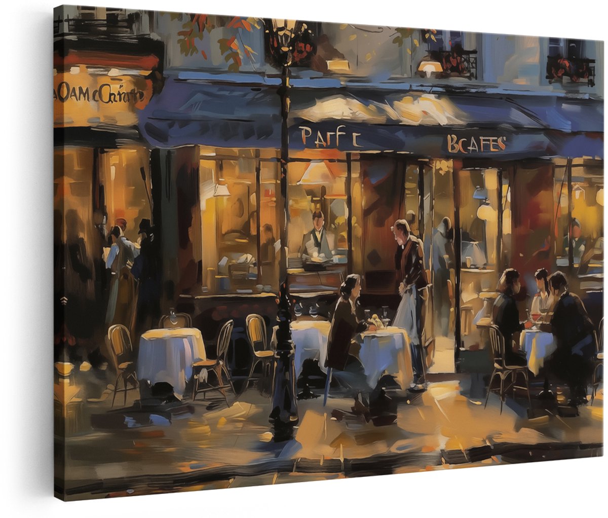 Artaza Canvas Schilderij Café in Parijs - Parijs - 150x100 cm - Groot - Wanddecoratie Woonkamer - Schilderijen - Muurdecoratie