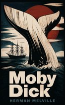 Boekomslag van Moby Dick met een walvisstaart, zeilschip en de tekst 'Moby Dick' en 'HERMAN MELVILLE'.