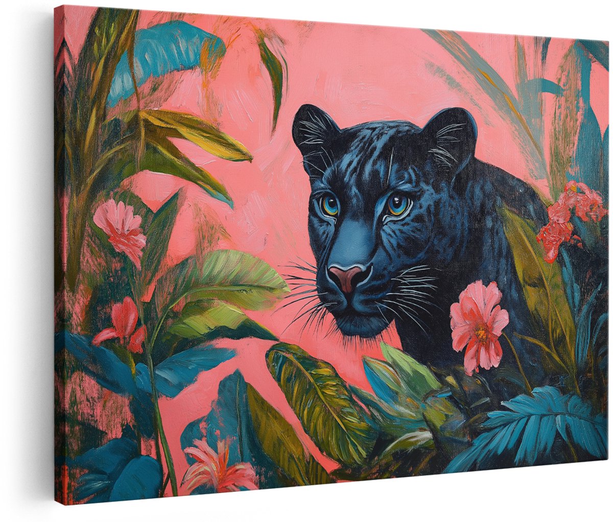 Artaza Canvas Schilderij Zwarte Panter - 150x100 cm - Groot - Wanddecoratie Dieren - Muurdecoratie Tropische Jungle - Decoratie Roze Bloemen