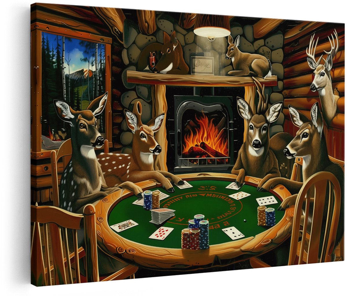 Artaza Canvas Schilderij Groep Herten die Poker Spelen - Dieren - 150x100 cm - Groot - Wanddecoratie Woonkamer - Schilderijen - Muurdecoratie