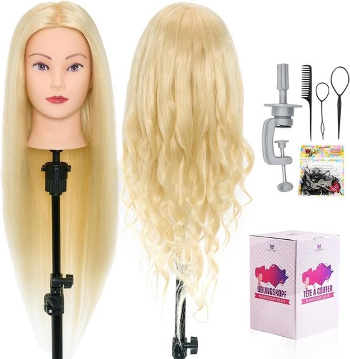 Trainingshoofd 71 cm met echt haar - gebleekt blond - voor kappers opleiding en thuis styling