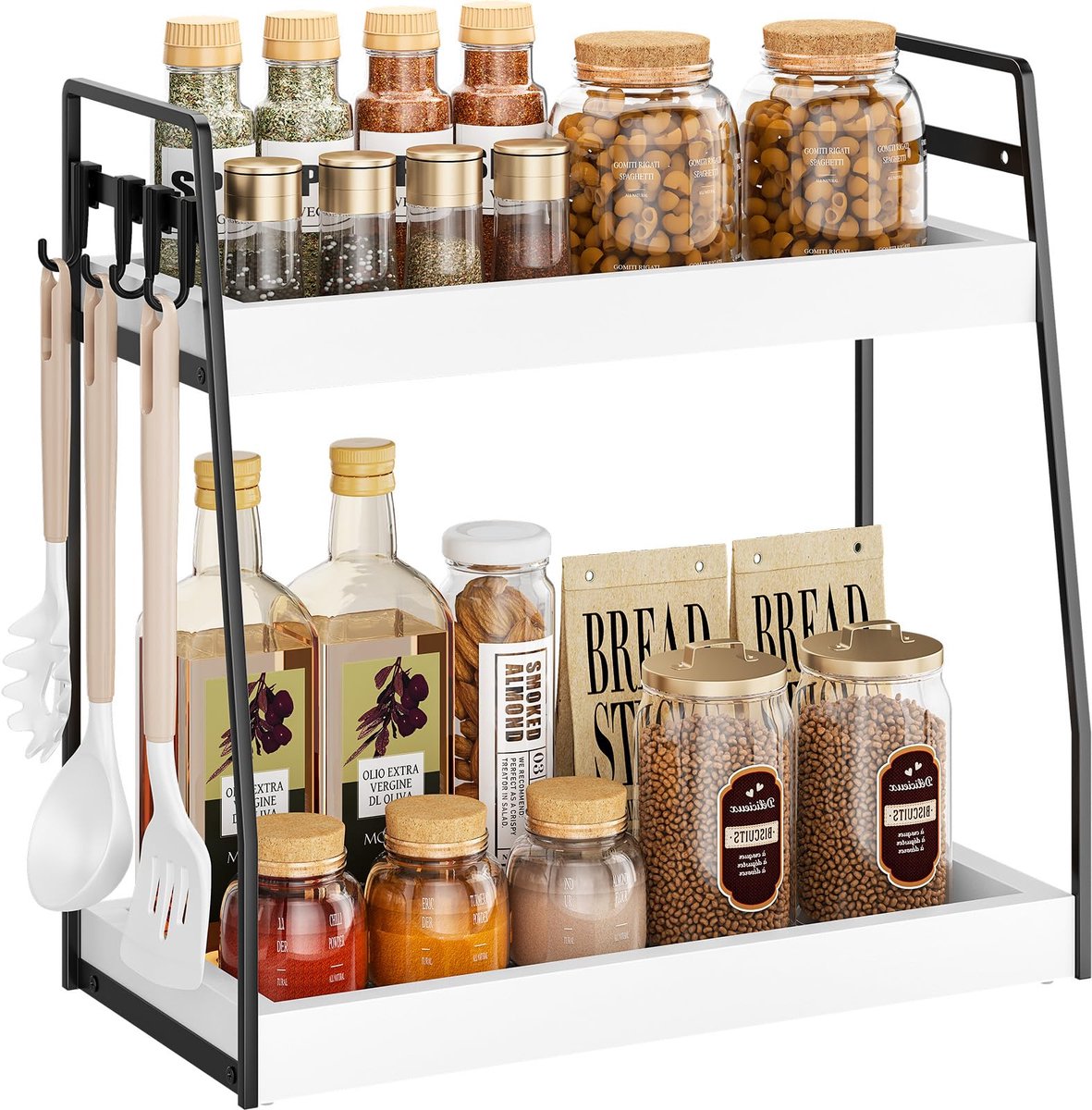 Multifunctioneel Opbergrek - Met 2 etages en 4 haken - Hout en metaal - Voor keuken, badkamer, make-uptafel, bureau en koffiehoek