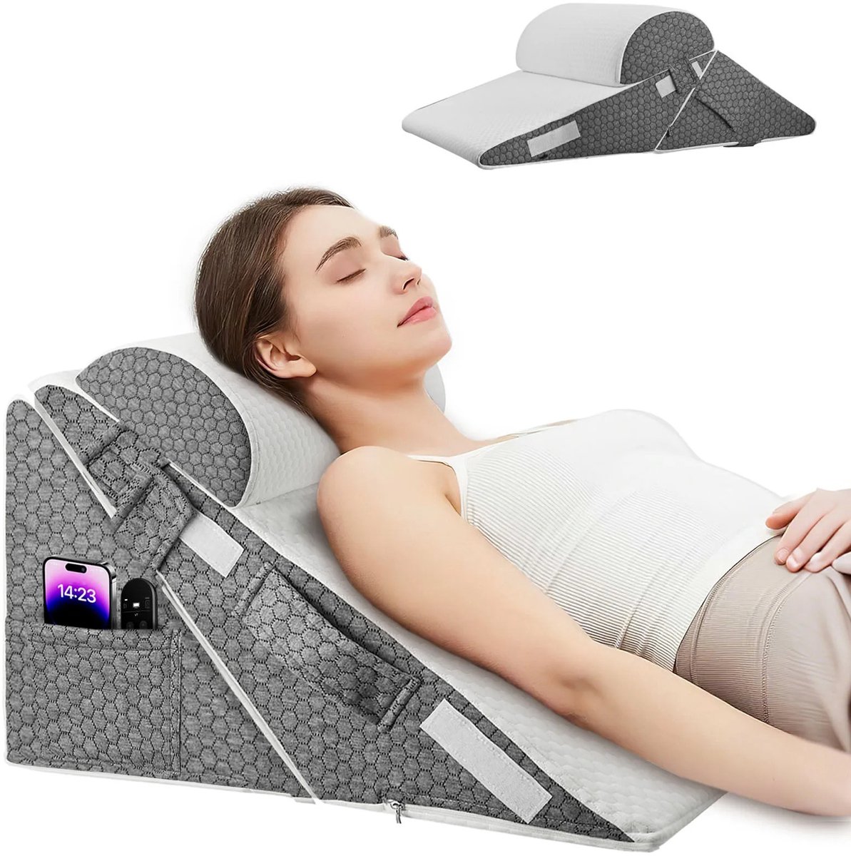 ITRONIQ Ergonomisch Wigkussen 3-in-1 – Verstelbaar Traagschuim Hoofdkussen – Rugsteun & Beenkussen – Wasbare Hoes – Grijs