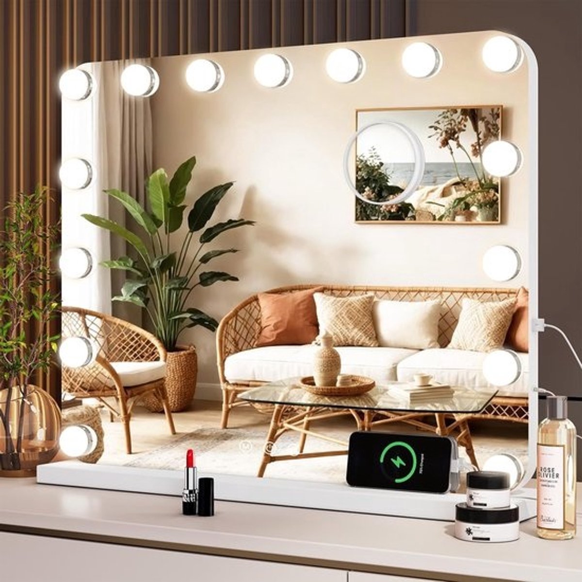 Make-up spiegel - Verlichte spiegel - Professionele make-up - 15 dimbare LED's - 50 x 40 cm - Wit