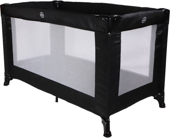 Zwart MamaLoes campingbed met vier zwarte pootjes.