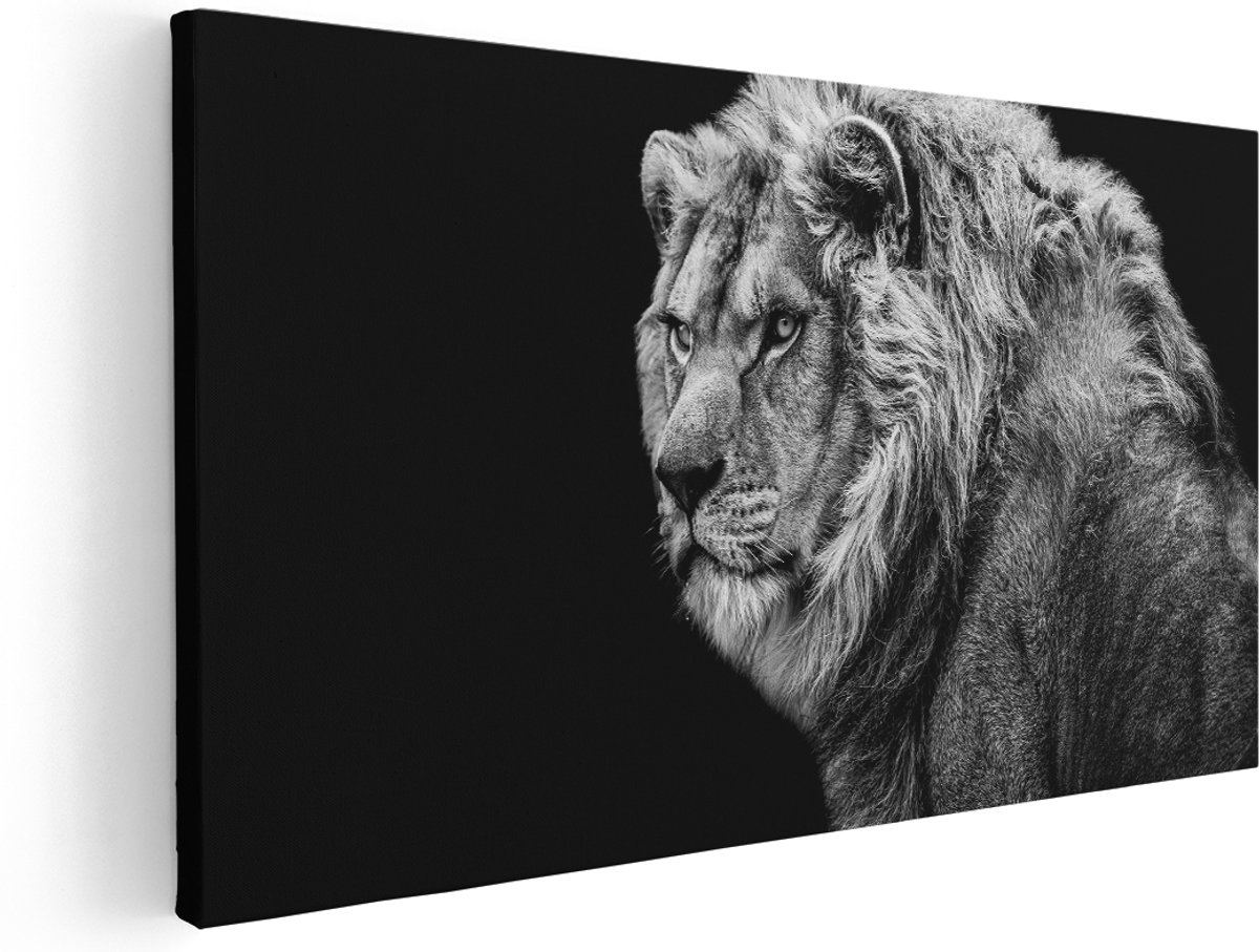 Artaza Canvas Schilderij Leeuw - Zwart Wit - 180x90 cm - Groot - Wanddecoratie Woonkamer - Schilderijen - Muurdecoratie