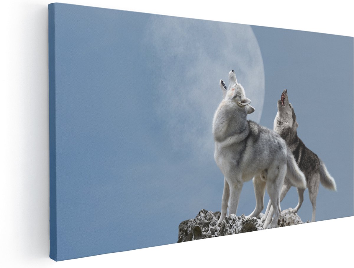 Artaza Canvas Schilderij Twee Wolven Die Huilen Tijdens Volle Maan - 180x90 cm - Groot - Wanddecoratie Woonkamer - Schilderijen - Muurdecoratie