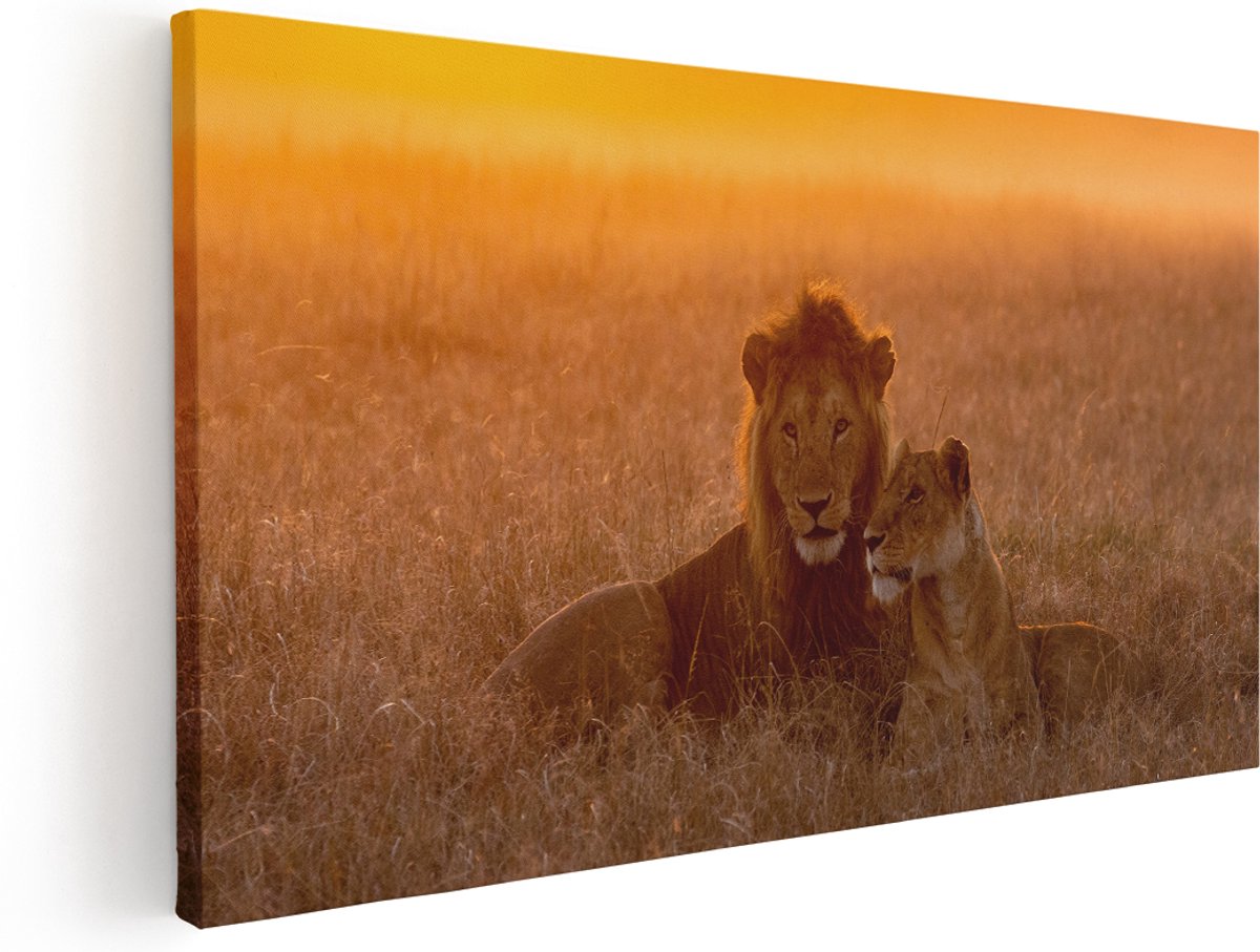Artaza Canvas Schilderij Leeuw En Leeuwin Tijdens Zonsondergang - 180x90 cm - Groot - Wanddecoratie Woonkamer - Schilderijen - Muurdecoratie