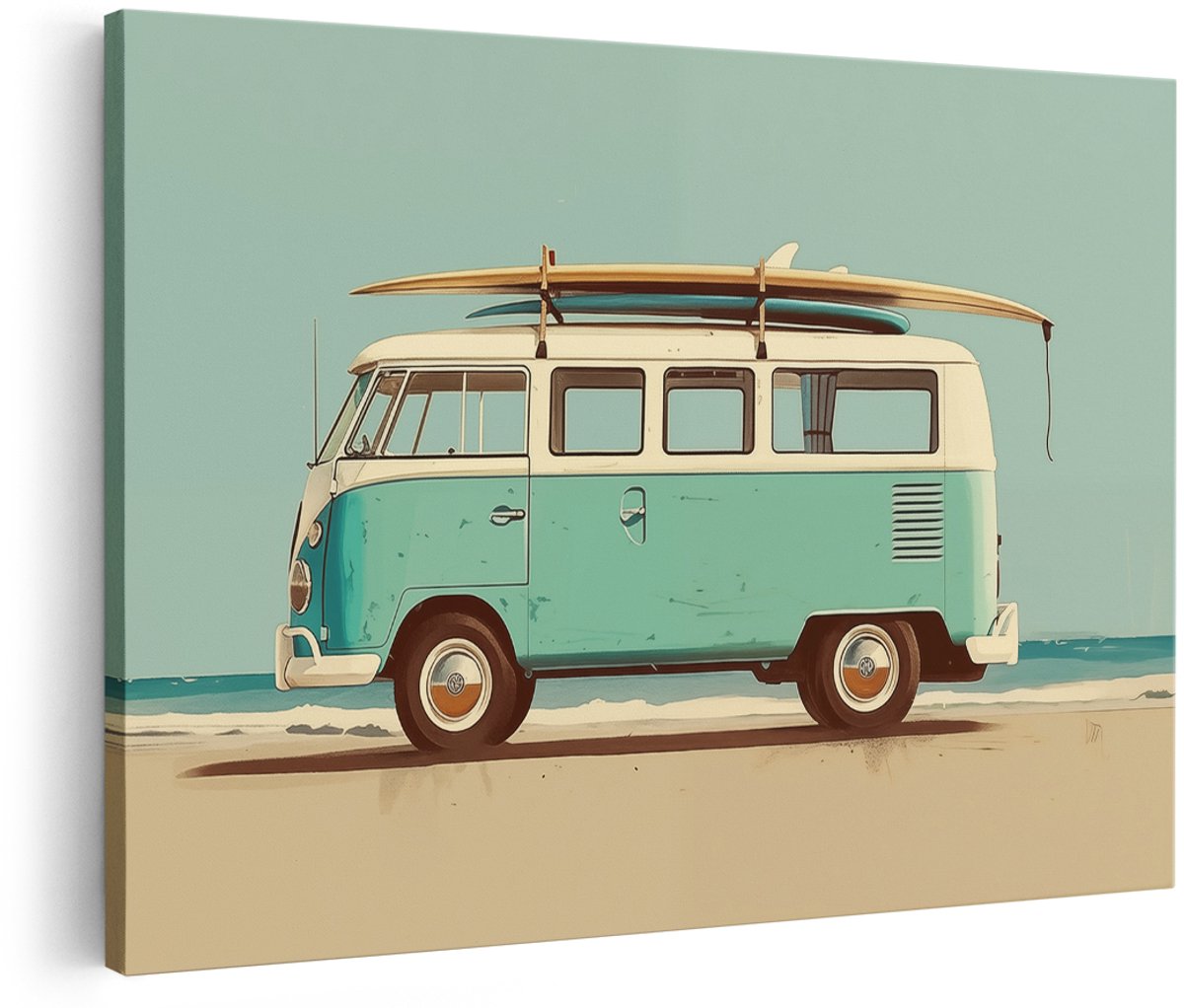 Artaza Canvas Schilderij VW Bus met een Surfplank - 180x120 cm - Groot - Wanddecoratie Woonkamer - Schilderijen - Muurdecoratie