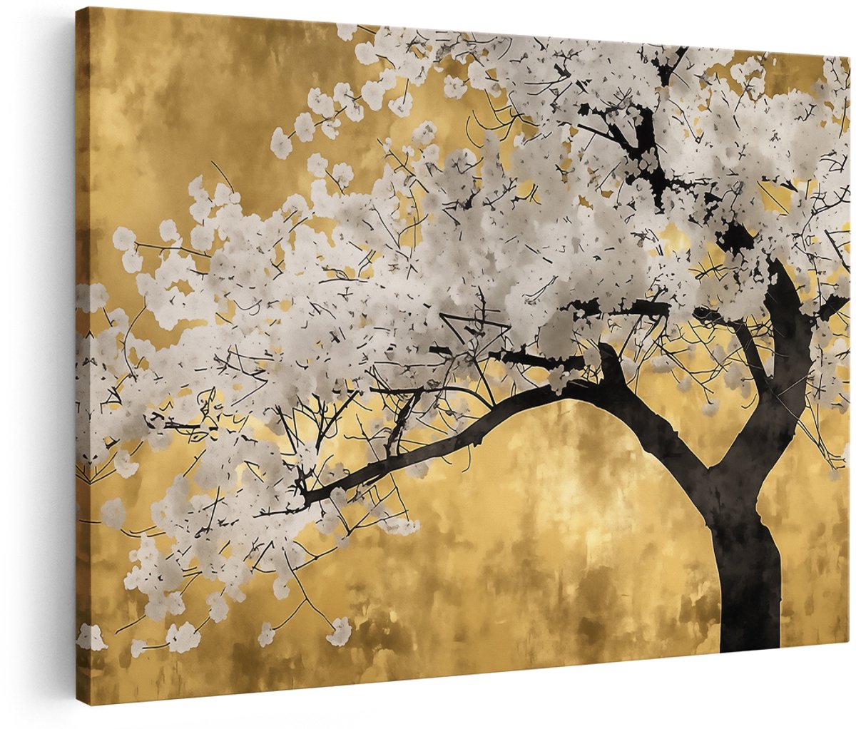 Artaza Canvas Schilderij Boom met Witte Bloemen tegen een Gouden Achtergrond - Bloemen - 180x120 cm - Groot - Wanddecoratie Woonkamer - Schilderijen - Muurdecoratie