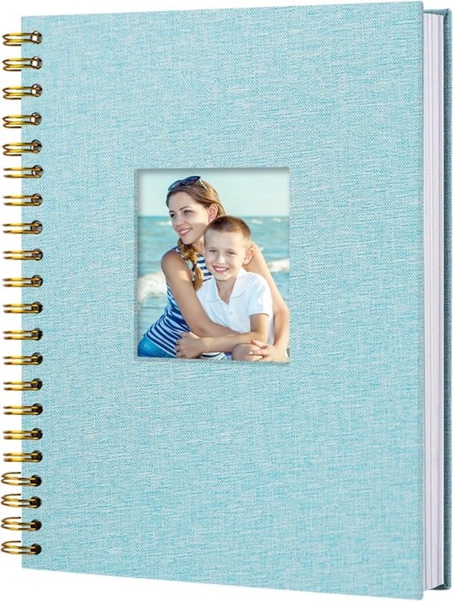 Linnen Fotoalbum A4 DIY Plakboek met Venster - 80 Pagina's Wit Papier - Lichtblauw