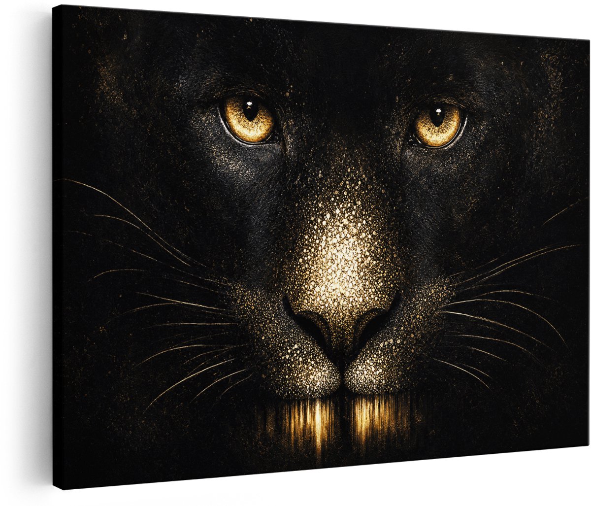 Artaza Canvas Schilderij Zwarte Kat Met Gouden Ogen - Mysterieus en Klassiek - 180x120 cm - Groot - Wanddecoratie Woonkamer - Schilderijen - Muurdecoratie