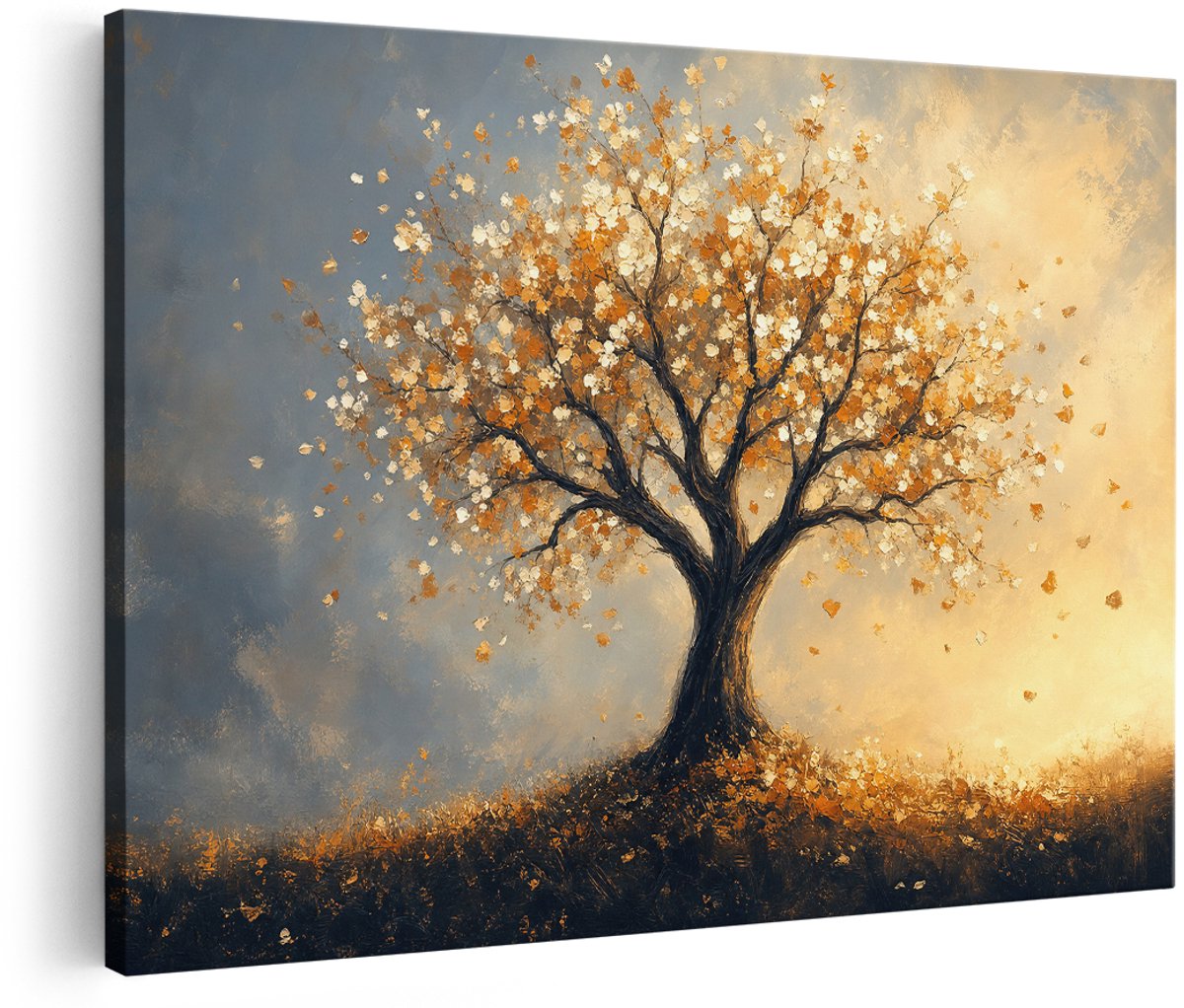 Artaza Canvas Schilderij Herfstboom Met Vallende Bladeren - Abstracte Kunst - 180x120 cm - Groot - Wanddecoratie Woonkamer - Schilderijen - Muurdecoratie