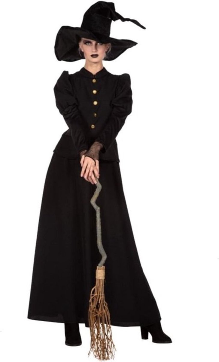 Lange Zwarte Heksenjurk voor Dames - Kostuum voor Feesten en Halloween