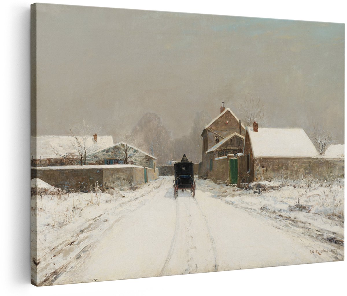 Artaza Canvas Schilderij Winterlandschap - 180x120 cm - Groot - Wanddecoratie Paard En Koets - Muurdecoratie Besneeuwd Dorp - Decoratie Natuur
