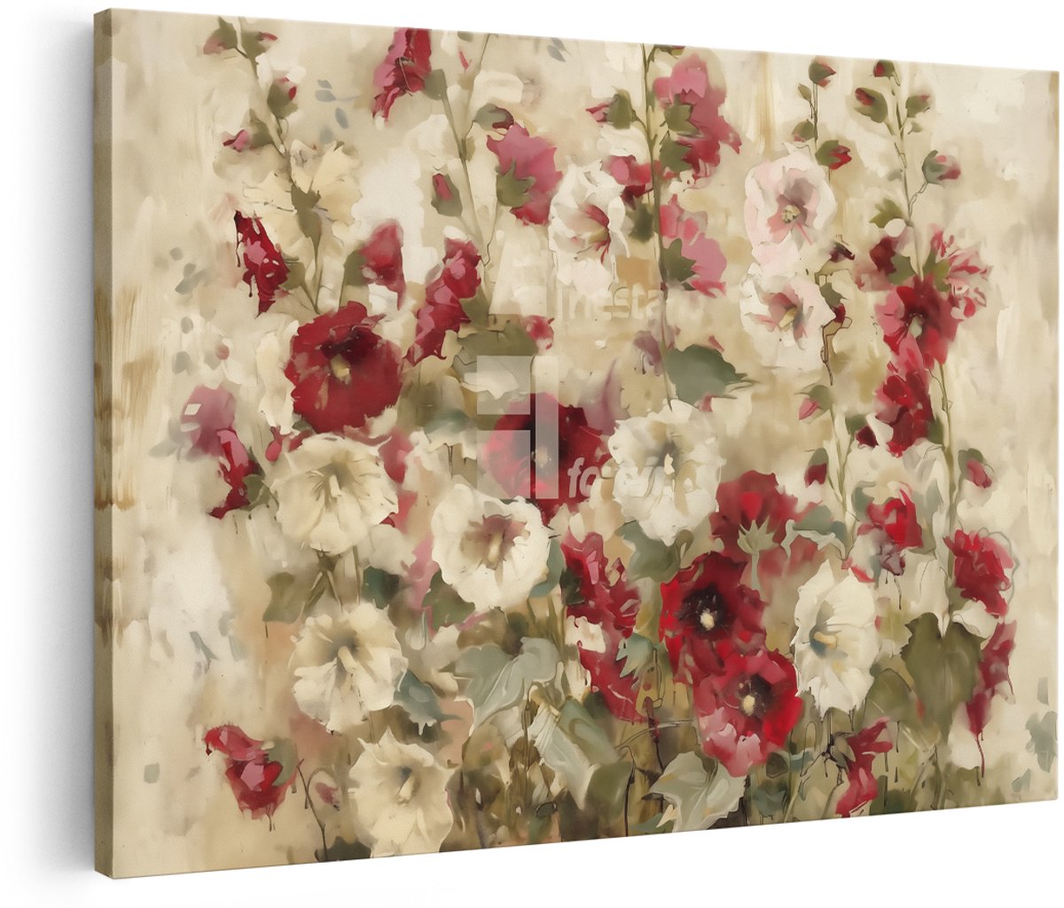 Artaza Canvas Schilderij Rode en Witte Bloemen op een Beige Achtergrond - 180x120 cm - Groot - Wanddecoratie Woonkamer - Schilderijen - Muurdecoratie