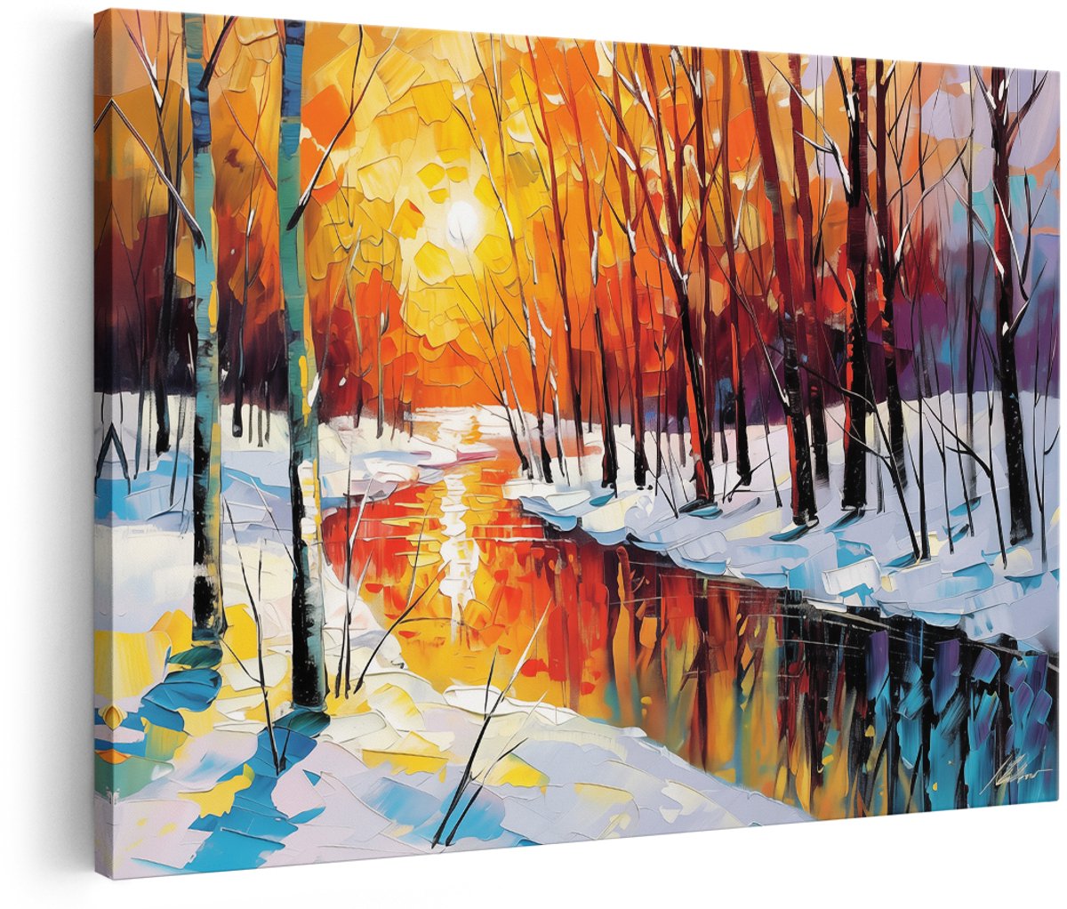 Artaza Canvas Schilderij Winters Tafereel met Bomen en een Rivier - 180x120 cm - Groot - Wanddecoratie Woonkamer - Schilderijen - Muurdecoratie