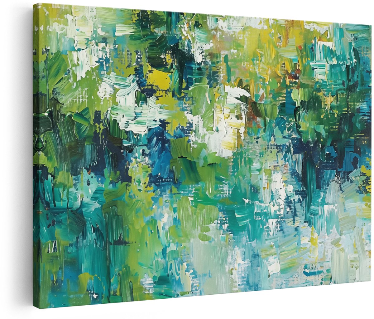 Artaza Canvas Schilderij Abstract Groen Blauw en Geel - 180x120 cm - Groot - Wanddecoratie Woonkamer - Schilderijen - Muurdecoratie