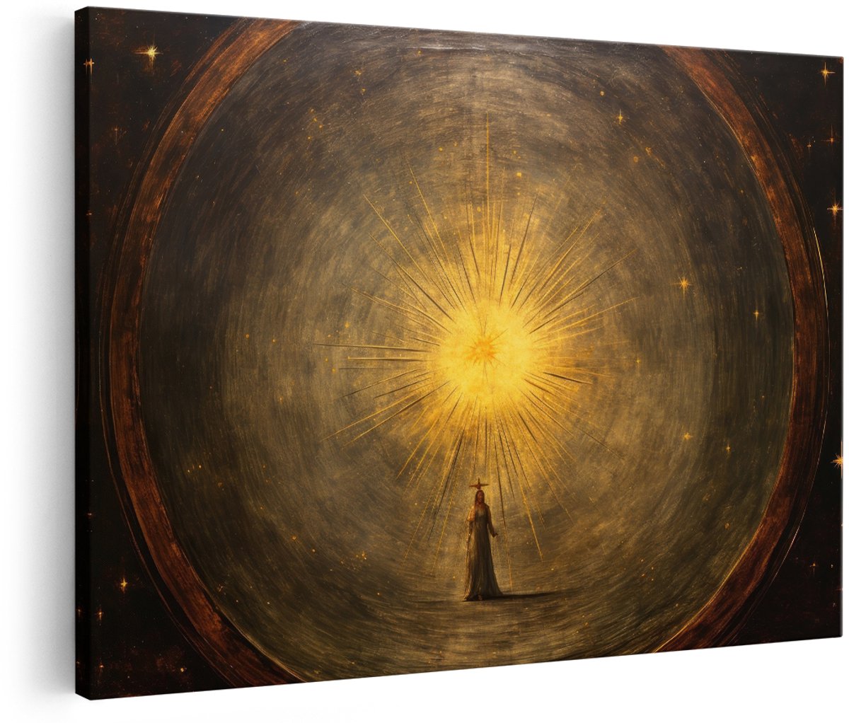 Artaza Canvas Schilderij Mystieke Figuur - 180x120 cm - Groot - Wanddecoratie Zon - Muurdecoratie Goud Zwart - Decoratie Sterren Kosmisch