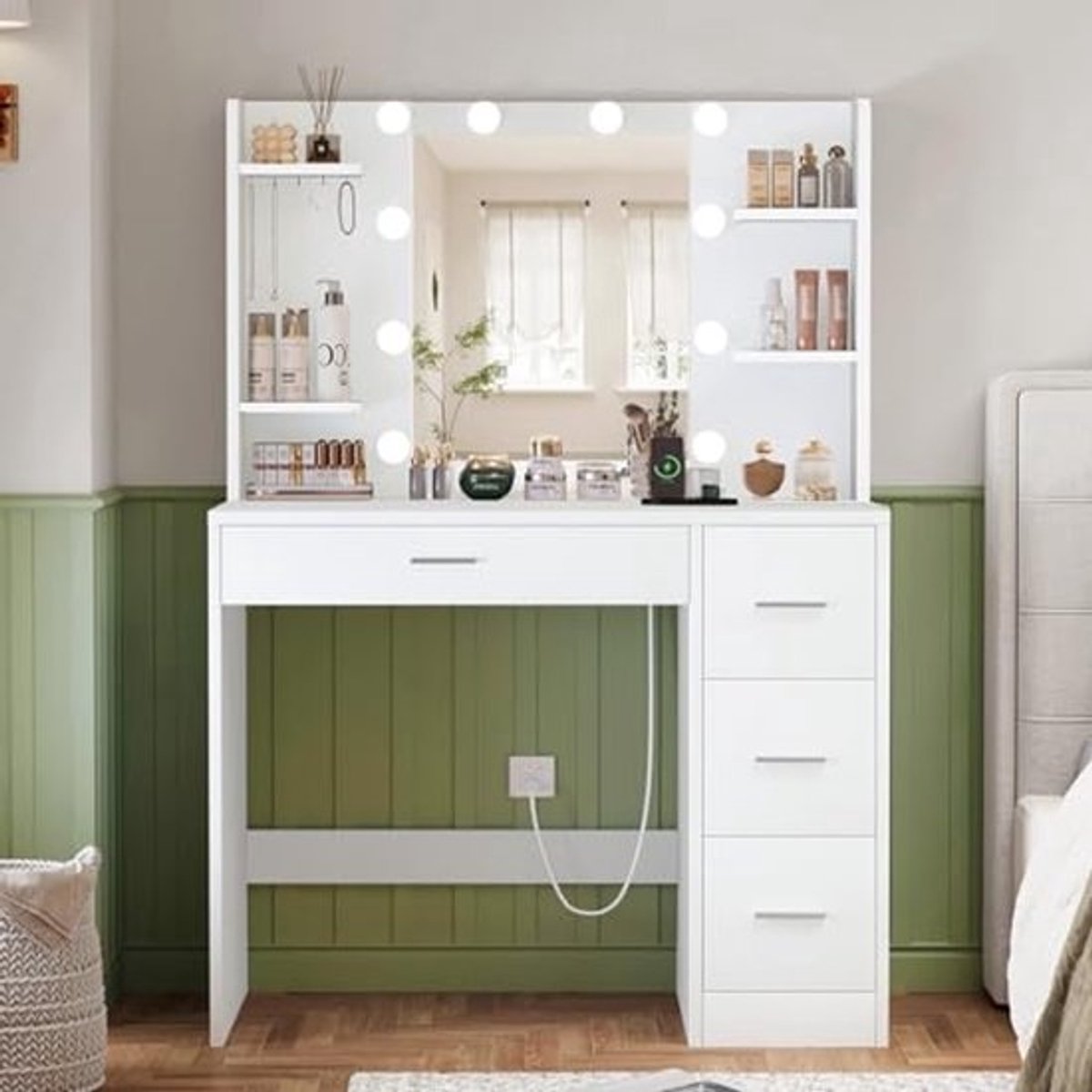 TEENFON Dressing table with mirror and LED lighting, 3 colours with adjustable brightness, socket, dressing table with 5 jewellery hooks, 4 drawers and 4 open compartments, white