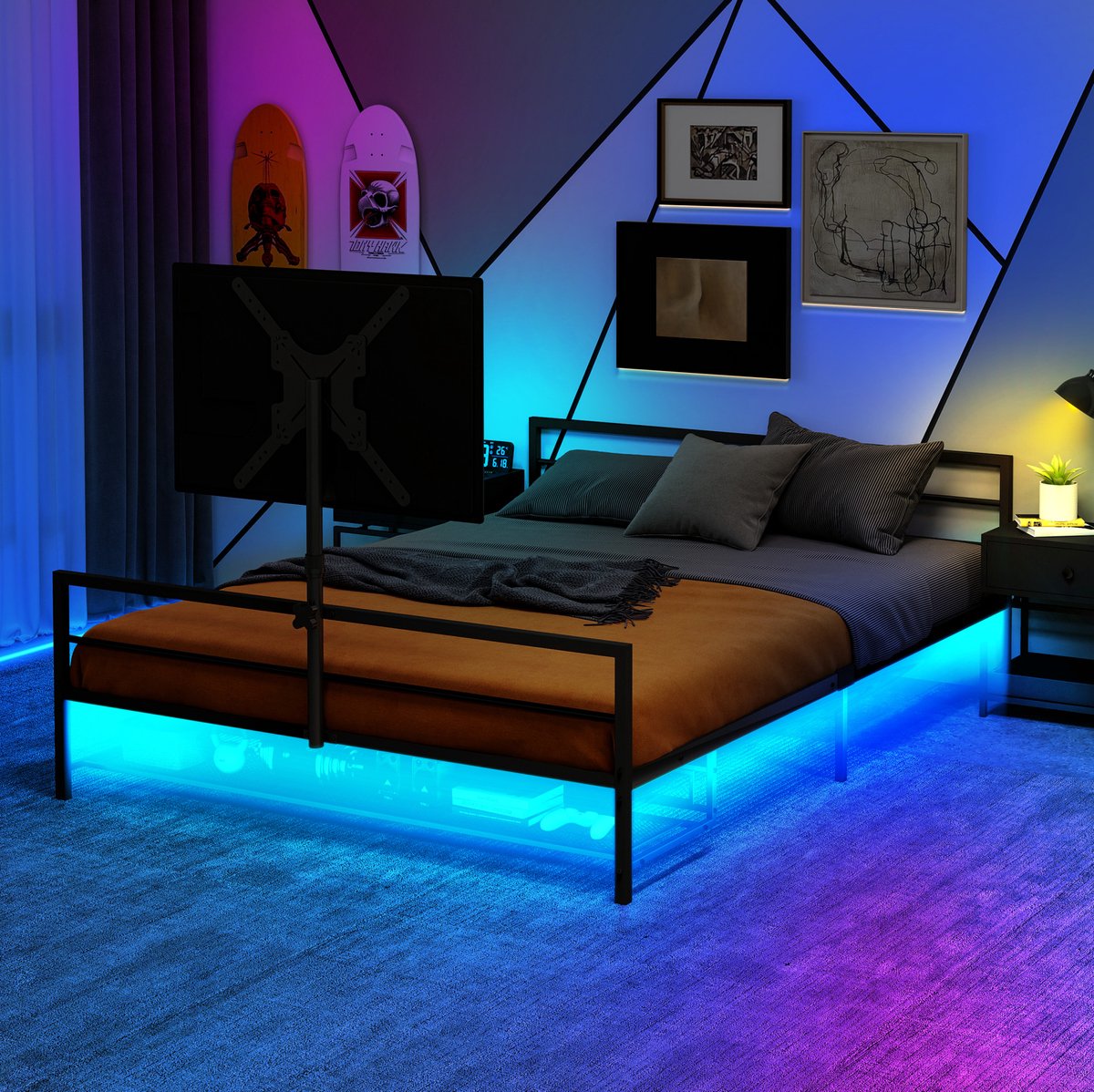 Wishdor Bedframe 90x200 cm - Gaming ontwerp - Verstelbare monitorhouder en LED-verlichting - Opbergbak en ruimte onder bed - Metaal - Zwart - Eenpersoonsbed
