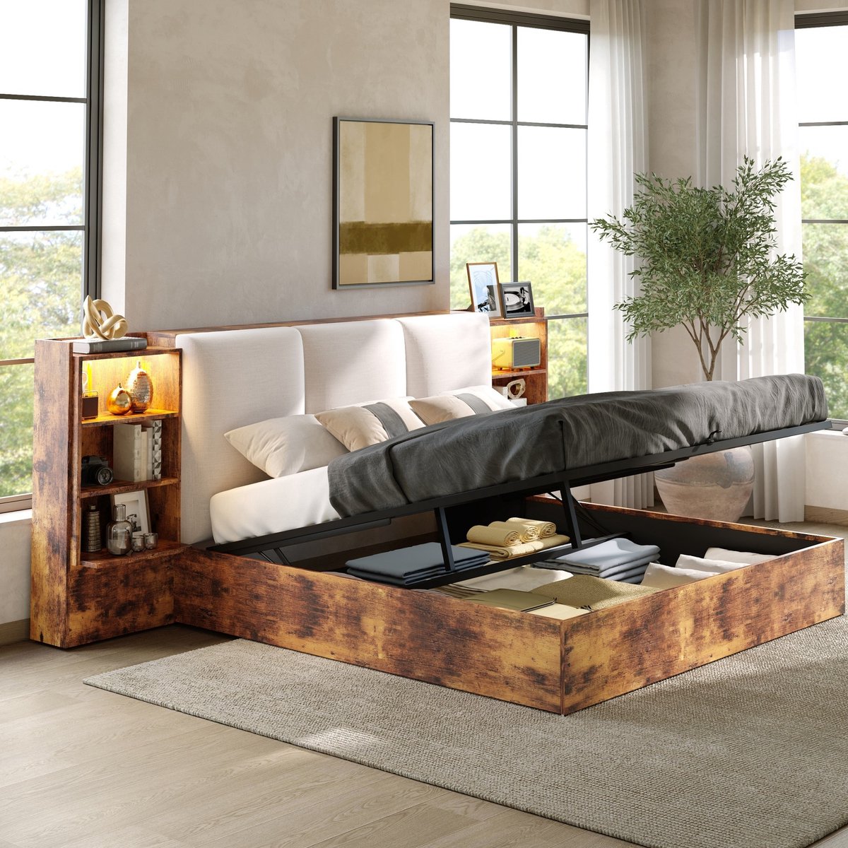 REDOM - Bedframe - Geïntegreerde opbergruimte - Hydraulische opbergruimte - Gepoederd hoofdbord - Moderne stijl - Slaapkamer - MDF en stof - 288 x 217,5 x 111 cm