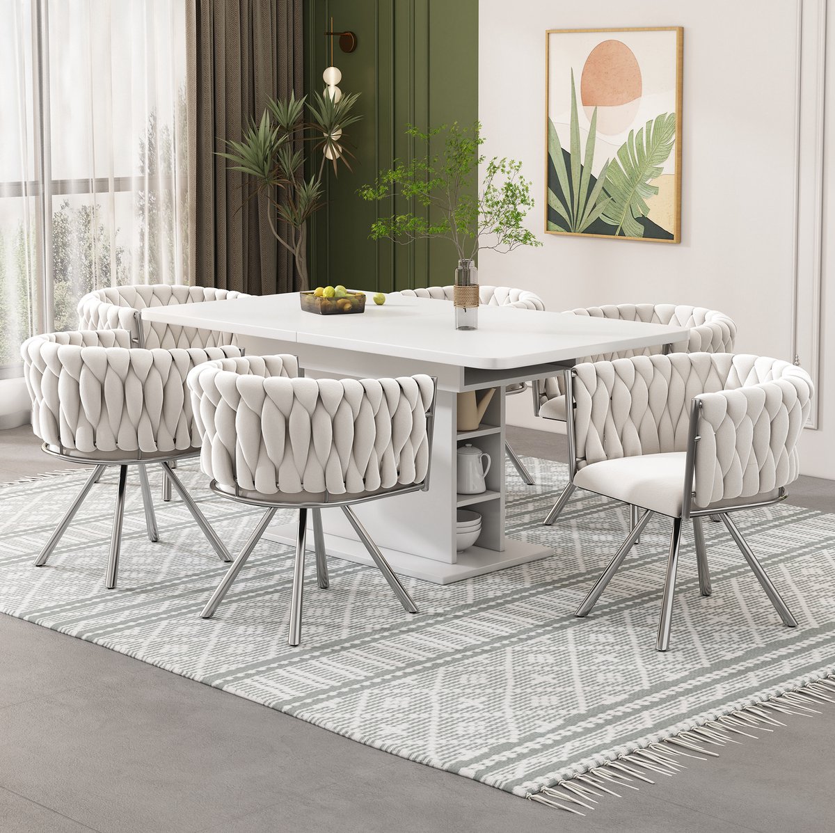 Wishdor Eetkamerstoel - Velvet draaibaar met armleuningen - Metalen vierpoot met zachte zitting - Beige zilver - Eetkamer woonkamer keuken - Set van 6 - 59 x 54 x 72 cm